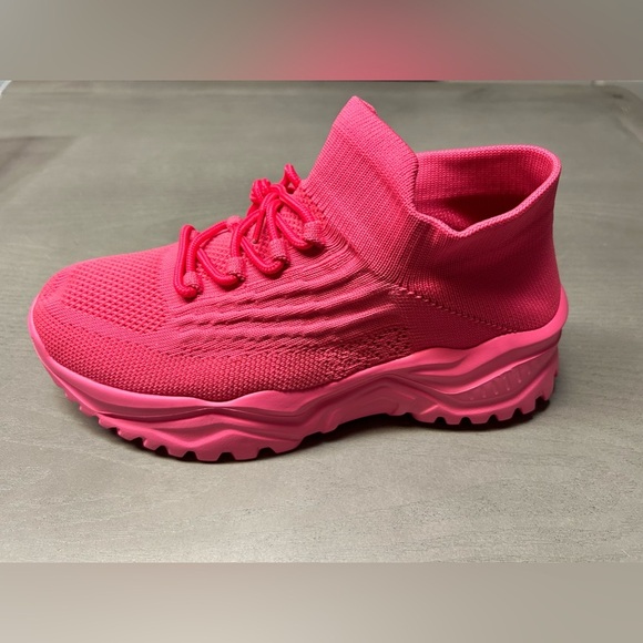 Chunky Sneakers For Women, Neon Pink Knit Detail Lace-Up Front Sneakers NWOT - Picture 6 of 9